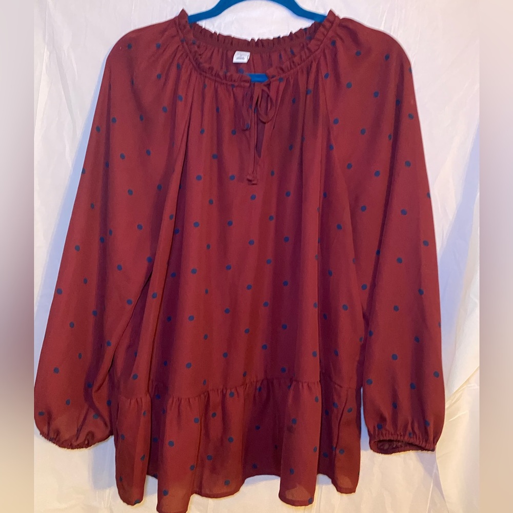 Old Navy Peplum Polka Dot Blouse  Wine Navy